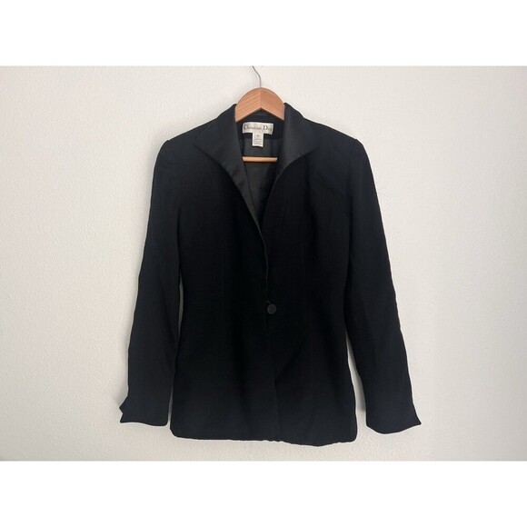 Vintage 1980's Christian Dior Black Wool Single Button Down Blazer Jacket Size 4 - Picture 1 of 10
